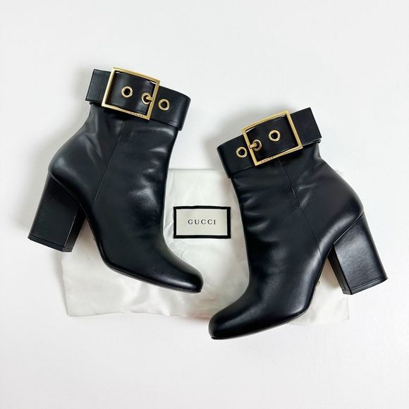 Gucci Shoes - GUCCI Kesha Buckle Ankle Boots 36.5 US 6.5 Black Smooth Leather Heeled Booties
